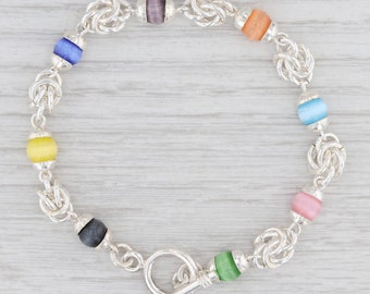 Nouveau bracelet chaîne en perles de verre multicolores de 7,25 po. Fermoir à bascule en argent sterling