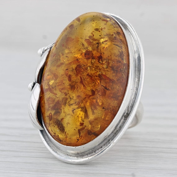 Amber Oval Cabochon Statement Ring Sterling Silver
