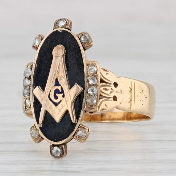Victorian Masonic Ring 14k Gold Diamond Enamel Siz