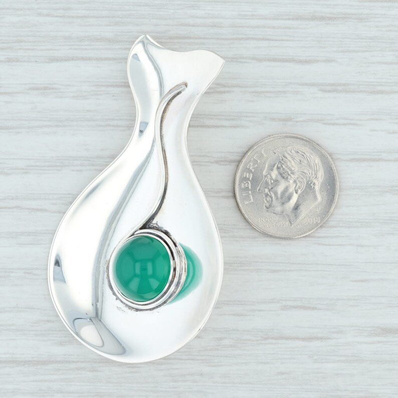 Green Chalcedony Whale Brooch Sterling Silver Denmark Vintage Pin