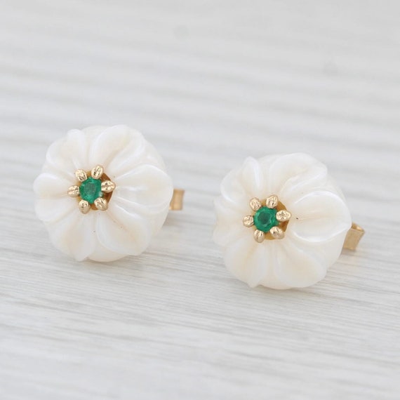 New Cultured Pearl Carved Lily Flower Emerald Stu… - image 3