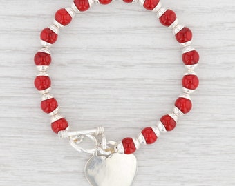 New Red Glass Bead Bracelet Engravable Charm 7.5" Sterling Silver Statement