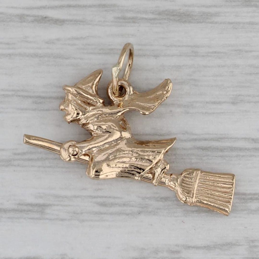 Vintage Wicked Witch on Broom Charm 14k Yellow Gold Pendant Moving ...