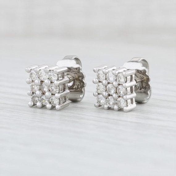 1.04ctw Square Diamond Cluster Earrings 14k White… - image 2