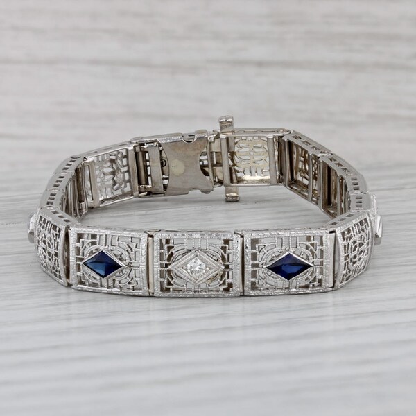 Art Deco 1.74ctw Blue Lab Created Sapphire Diamond Filigree Bracelet 14k Gold