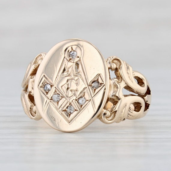 Victorian Diamond Masonic Signet Ring 10k Gold Si… - image 1