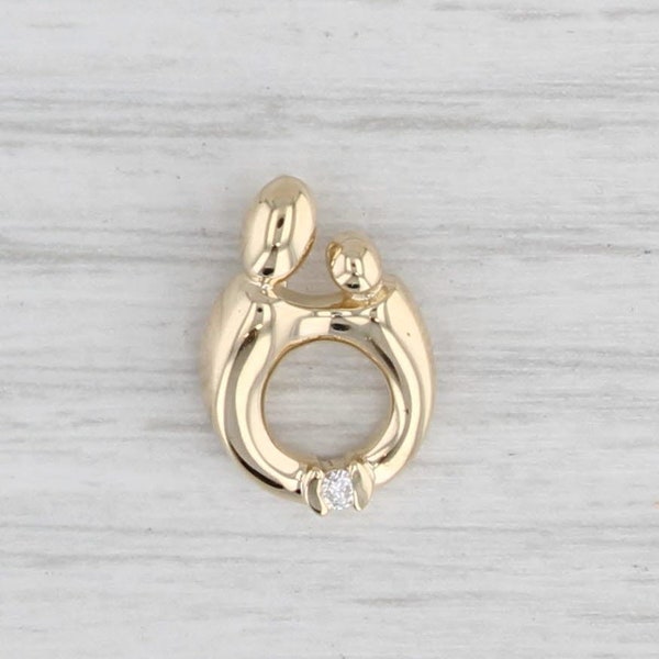 Diamond Accented Mother & Child Pendant 14k Yellow Gold Small Drop Gift Keepsake