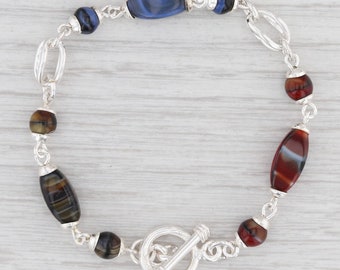 New Bead Statement Bracelet Multi Color Glass Sterling Silver 7” Toggle Clasp