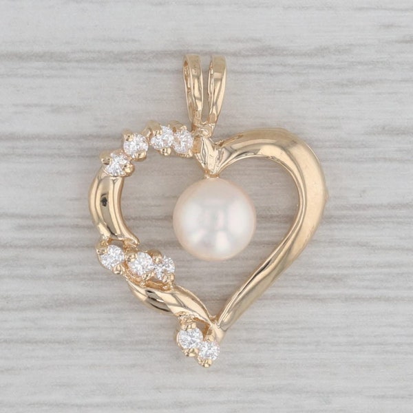 Cultured Pearl Cubic Zirconia Open Heart Pendant 10k Yellow Gold