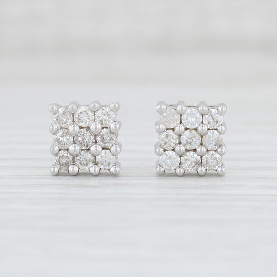 1.04ctw Square Diamond Cluster Earrings 14k White… - image 1