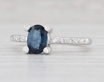 1.02ctw Blue Sapphire Diamond Ring 18k White Gold Size 5.5 Engagement