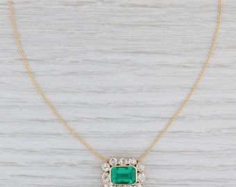 4.25ctw Antique GIA F1 Emerald Mine Diamond Halo Pendant Necklace 18k Gold 17.5"