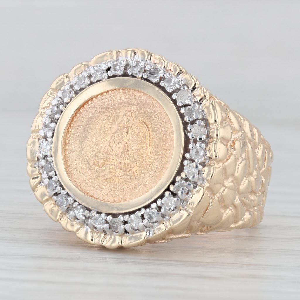 0.25ctw Diamond Bezel 1945 Dos Pesos Coin Ring 900 14k Gold Hammered