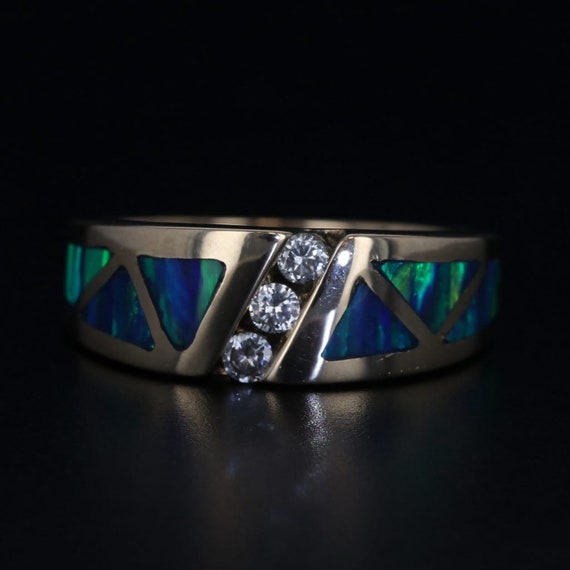 Lab Created Blue Green Opal Mosaic Diamond Ring 1… - image 2