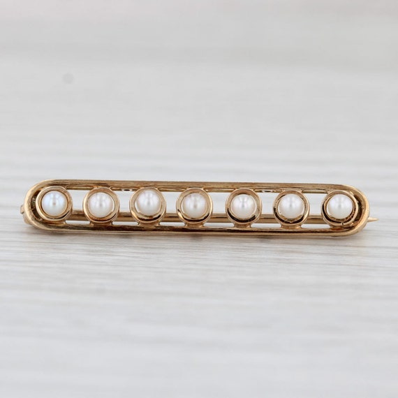 Cultured Pearl Bar Pin 14k Yellow Gold Vintage Br… - image 4