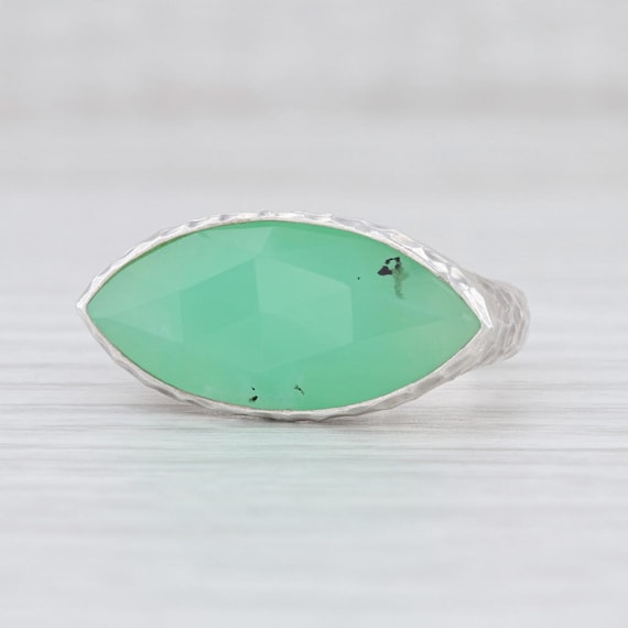 Green Stone Ring, Chrysoprase Ring, Hammered Silve