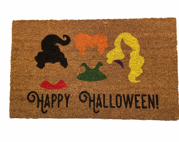 Hand-painted Happy Halloween Hocus Pocus Sanderson Sisters inspired doormat Front Porch Door mat Seasonal Decor