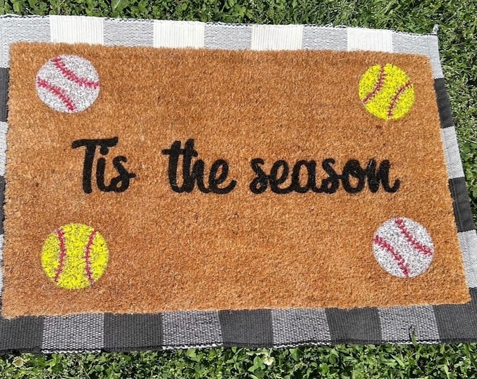 Hand-painted Softball Baseball Season “Tis the season”  Front Door mat