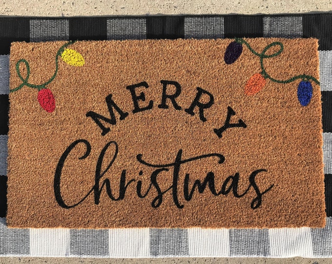 Hand-painted Holiday Merry Christmas with lights coir doormat