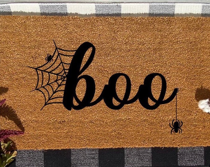 Hand-painted Holiday decor Boo Halloween Doormat spider webs