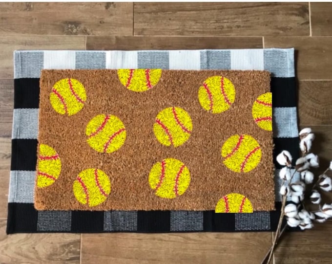 Hand-painted Softball season  Front Door mat