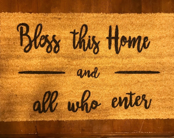 Hand-painted Bless this Home and all who enter coir doormat