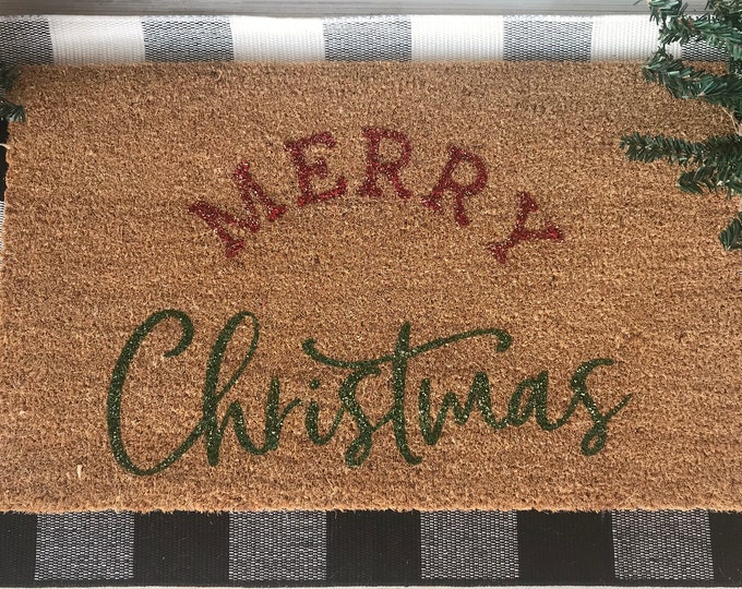 Hand-painted Merry Christmas Red and Green with gold foil glitter Doormat