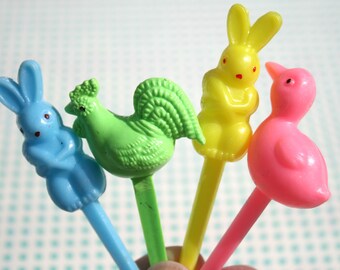 Retro Bunny Hen & Chick Cupcake Picks Set of 12 for Easter Spring