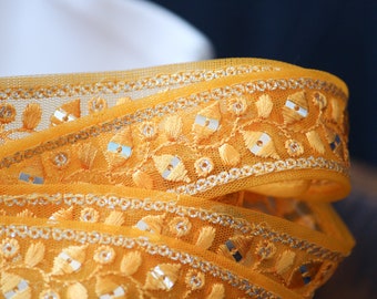 1 yard-mango yellow thread embroidery ribbon/bright yellow/ yellow mesh fabric/bow making ribbon/bag handle trim/Indian colorful trim