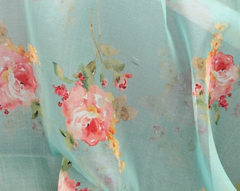 1 yard-Aqua mint organza fabric-sheer blue green watercolor look floral printed organza fabric-floral fabric-print Red roses-sheer fabric