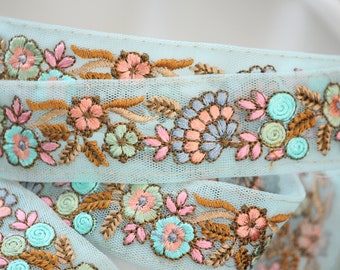 1 yard-Aqua mint floral thread embroidery ribbon on blue mesh fabric-pastel blue, baby pink, lavender/bow making ribbon/Indian colorful trim