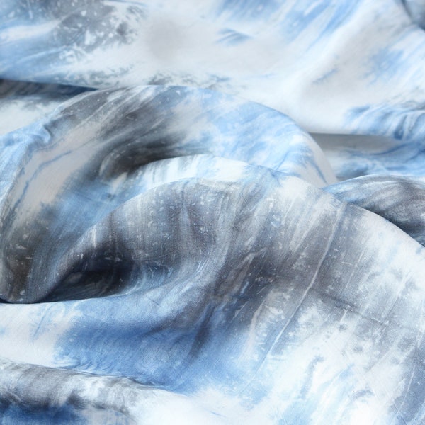 1 yard-Ice Blue and gray matte satin charmeuse- sky blue and grey tie dye effect satin fabric-abstract print white gray blue fabric