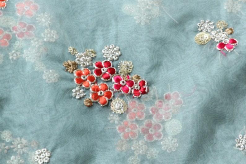 Organza fabric by half yard-light green organza embroidery Indian embellished fabric-red and orange floral embroidery