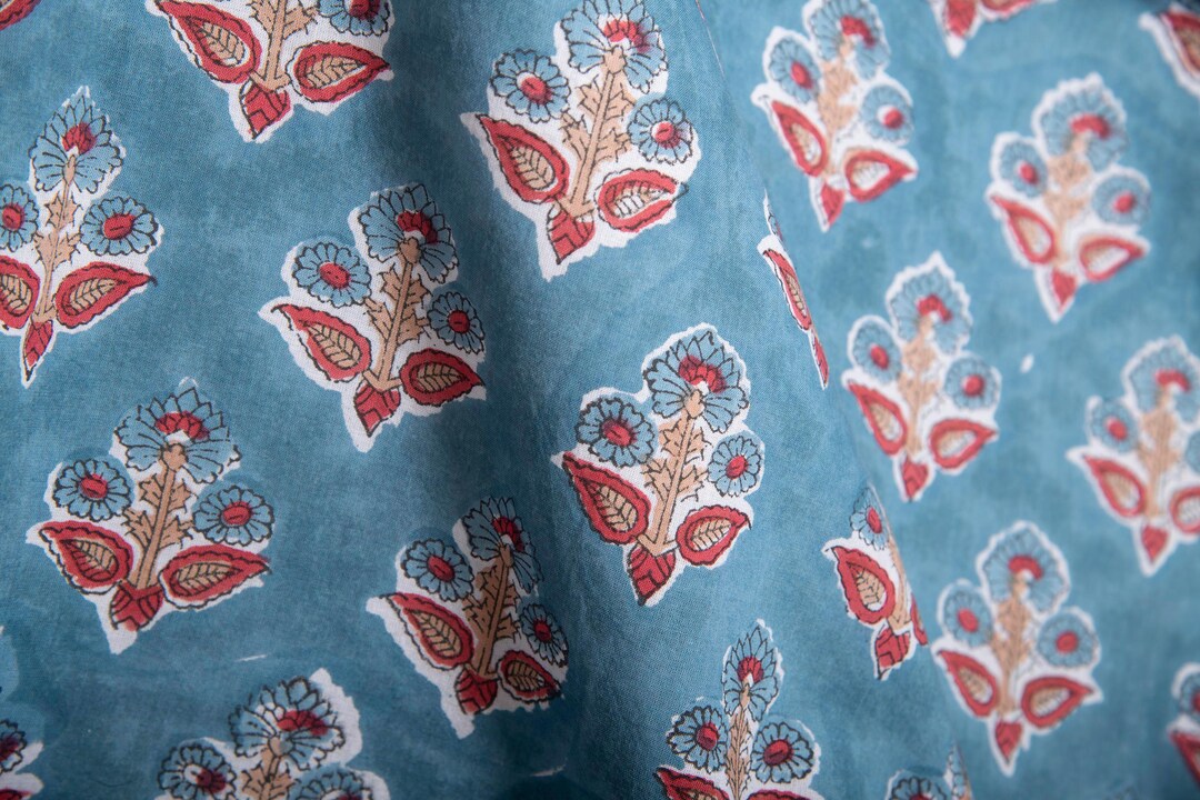 1 Yard-teal With Red Floral Motifs Hand Block Printed Cotton Fabric ...