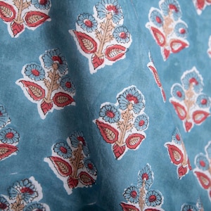 1 yard-Teal with red floral motifs hand block printed cotton fabric-dress fabric/quilting/decor/hair accessories fabric