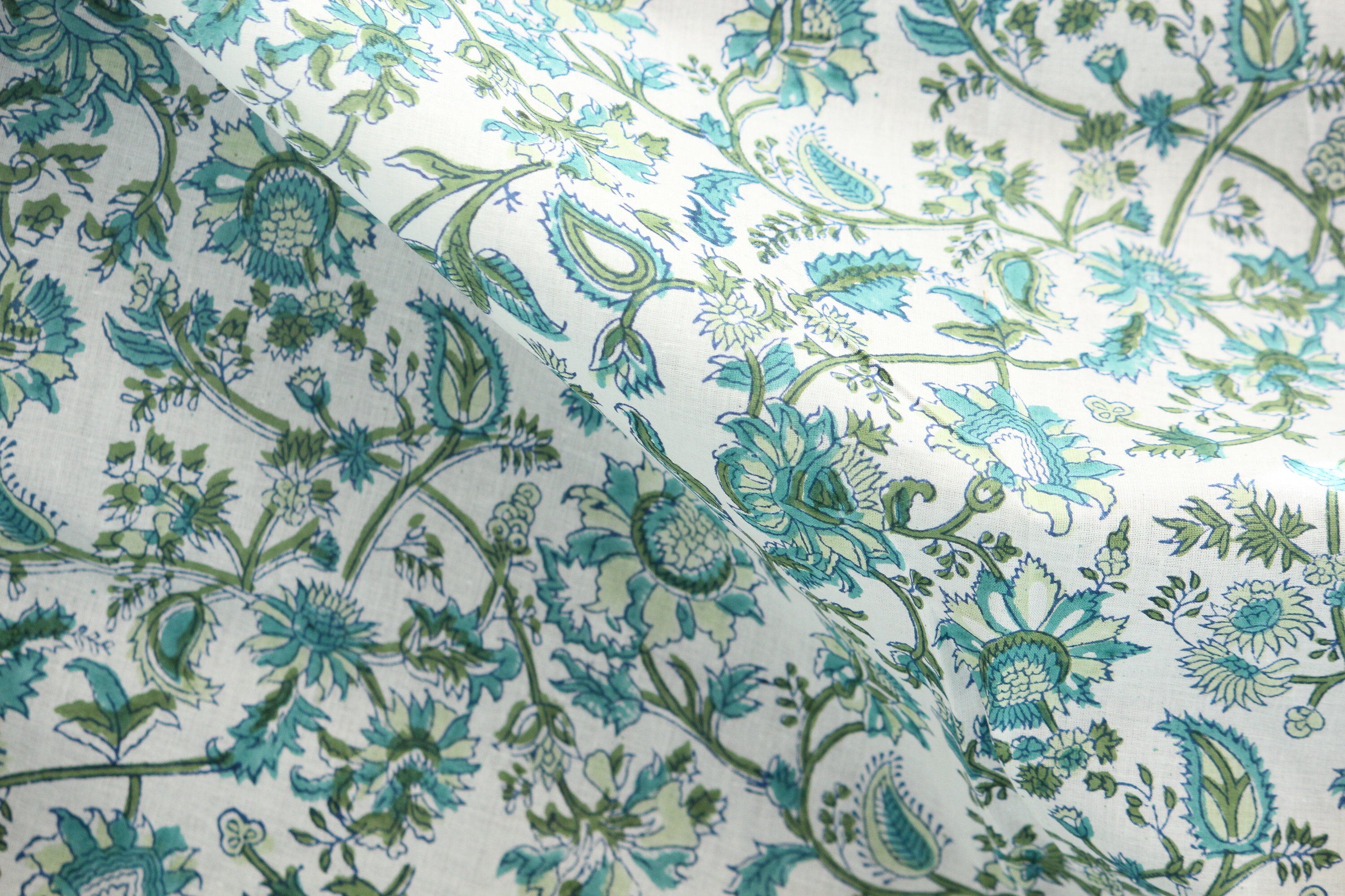 1 Yard-fresh Green and Teal Floral Vines Hand Printed Cotton - Etsy