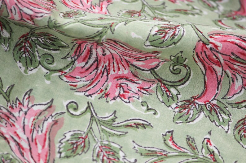 1 yard-Motif floral rose vert imprimé à la main tissu de coton-imprimé rose floral rose avec feuilles vertes-mode filles robe tissu / courtepointe / décor image 8