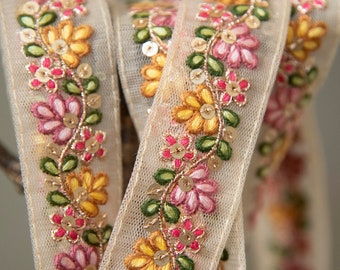 1 yard-Pink and yellow floral thread embroidery ribbon on mesh fabric-green leaf red floral trim for bow making, edging-dress making