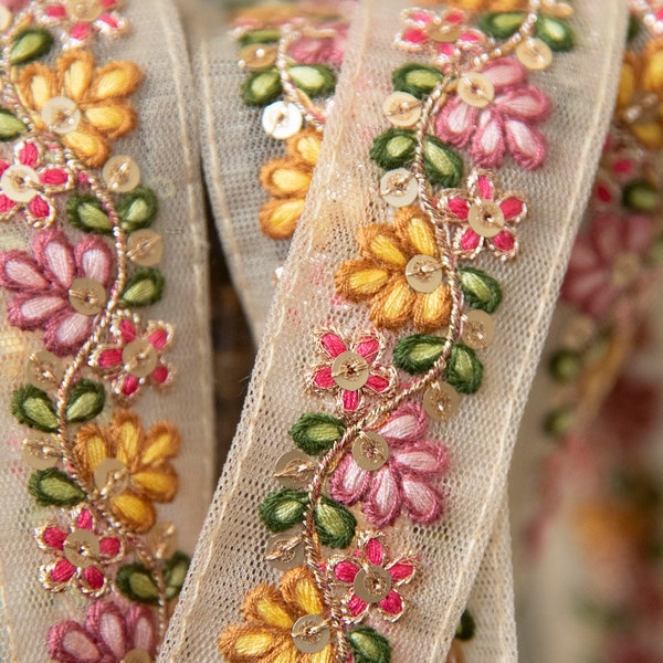1 yard-Pink and yellow floral thread embroidery ribbon on mesh fabric-green leaf red floral trim for bow making, edging-dress making