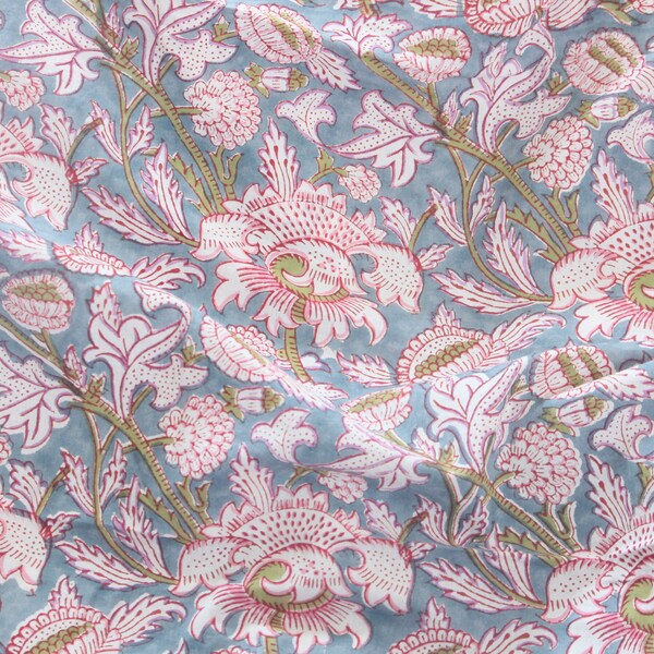 1 yard- Dove grey with pink lavender floral hand block printed cotton fabric by the yard-pink floral cotton fabric- blue hand printed cotton