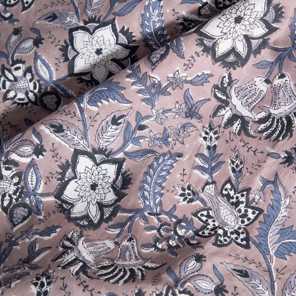 1 yard-Dusty brown blue grey floral motif hand block printed cotton fabric-tote bag fabric/girls dress fabric/quilting/decor/women's dress