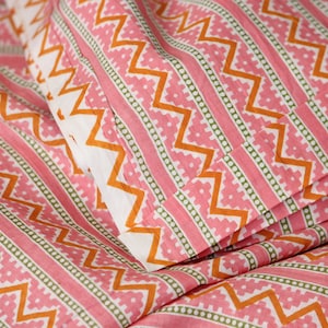 1 yard-Peach pink chevron print striped fabric- printed cotton fabric geometric- candy pink yellow and off white zigzag print