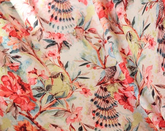 1 yard-Orange, blue, green luxurious satin charmeuse fabric with bird and flowers-lime green, bright orange, sky blue, cream florals