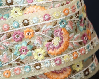 1 yard-Pastel yellow floral thread embroidery extra wide ribbon on pastel yellow mesh fabric-rose pink, orange and blue thread embroidery