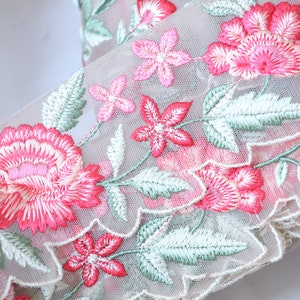 1 yard-Salmon pink floral thread embroidery ribbon on mesh fabric with scallop edge-Salmon pink, and green leaf floral trim