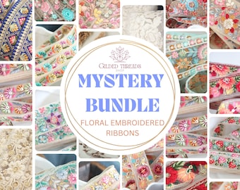 May include: A collage of 16 different floral embroidered ribbons in various colors and patterns. The text "Gilded Threads Shop Mystery Bundle Floral Embroidered Ribbons" is in the center of the image.