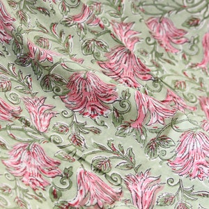 1 yard-Motif floral rose vert imprimé à la main tissu de coton-imprimé rose floral rose avec feuilles vertes-mode filles robe tissu / courtepointe / décor image 3