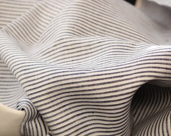 1 yard-Linen ticking stripe fabric-Navy Blue and off-white stripe fabric-classic pin stripe linen-plant based sustainable fabric