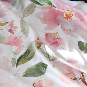 1 yard-off white floral satin charmeuse fabric -blush pink watercolor floral printed satin fabric green-bridal cream with rose floral fabric