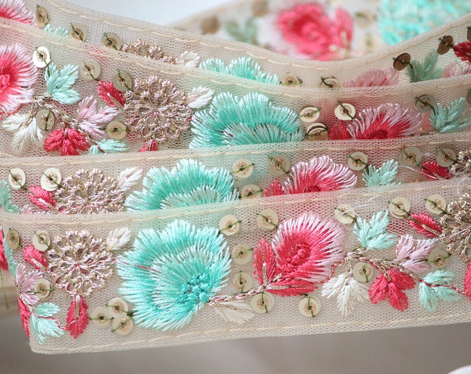 1 Yard-aqua and Pink Floral Thread Embroidery Ribbon on Mesh Fabric ...